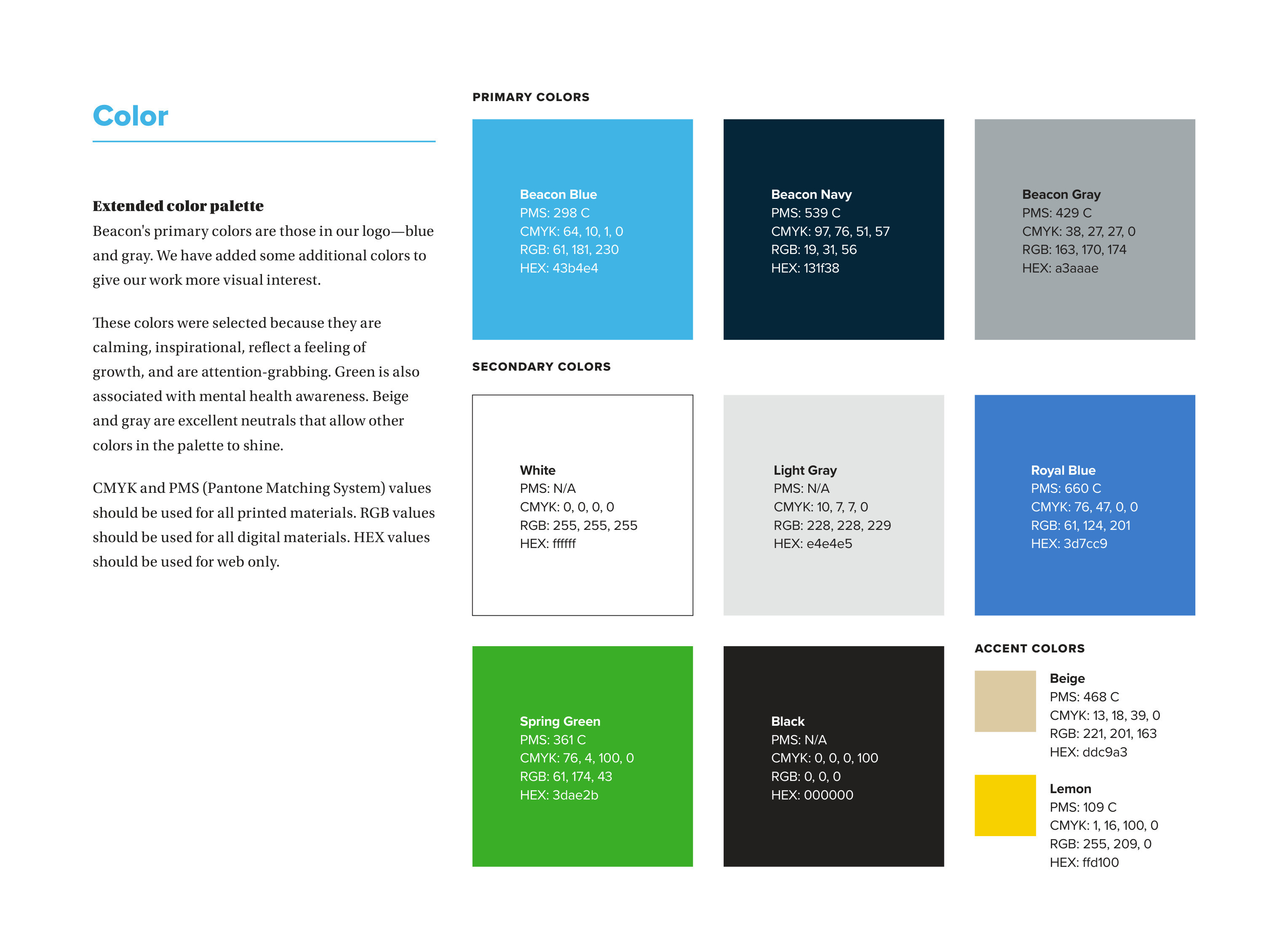 Beacon brand guidelines — the extended colour palette: Beacon Blue, Navy and Gray, with secondary and accent colours