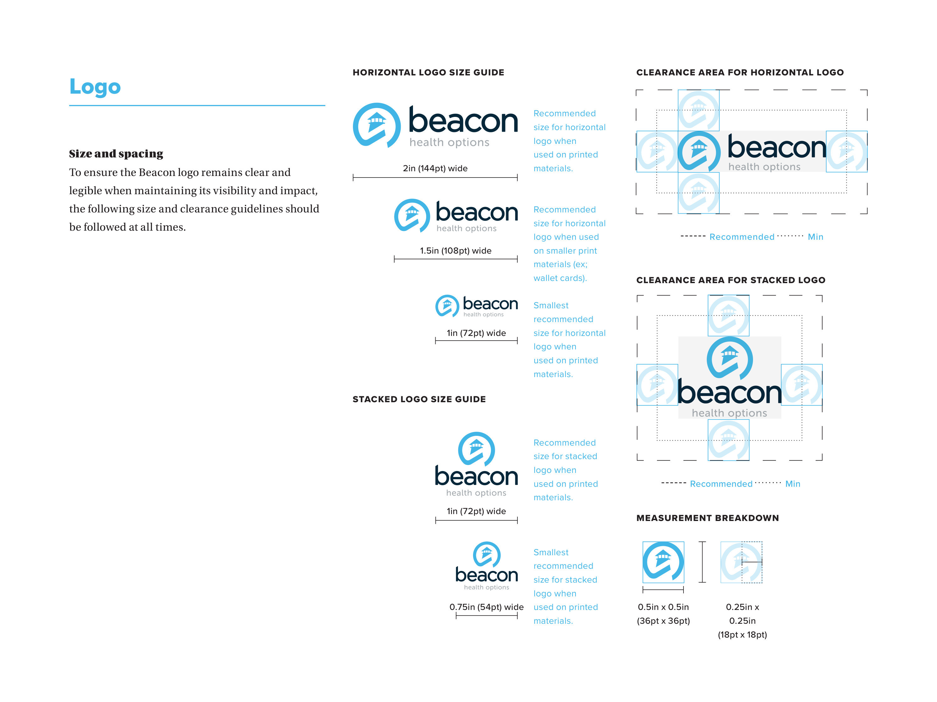 Beacon brand guidelines — logo size guides and clearance areas for the horizontal and stacked logos