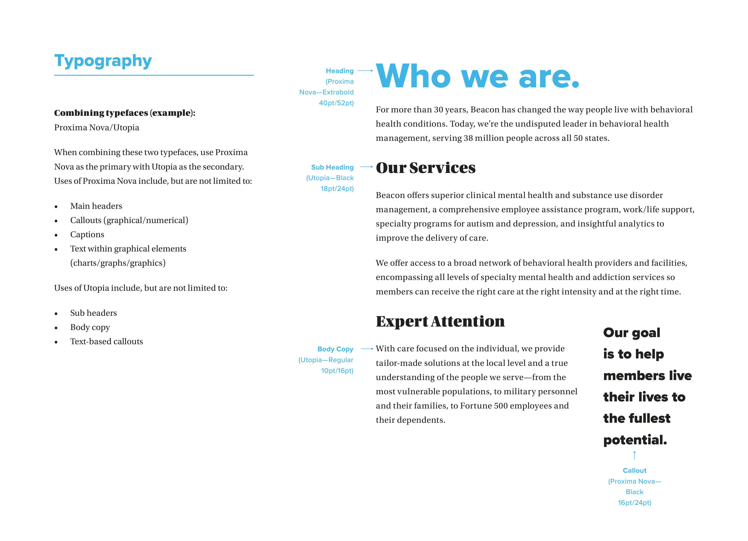 Beacon brand guidelines — typography in use: Proxima Nova headings with Utopia body copy, on a Who we are spread