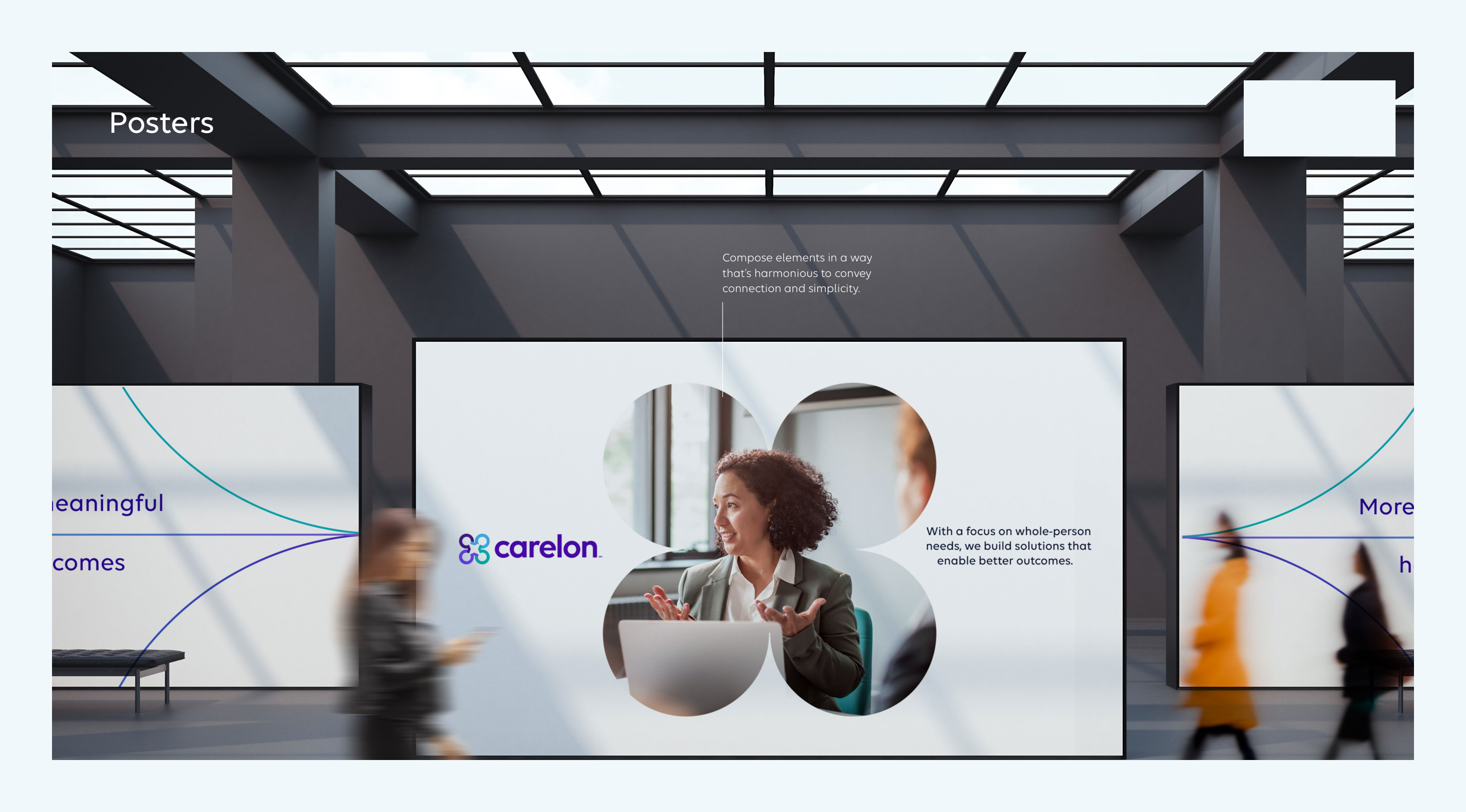 Carelon brand guidelines — posters in an office lobby, the supergraphic at environmental scale