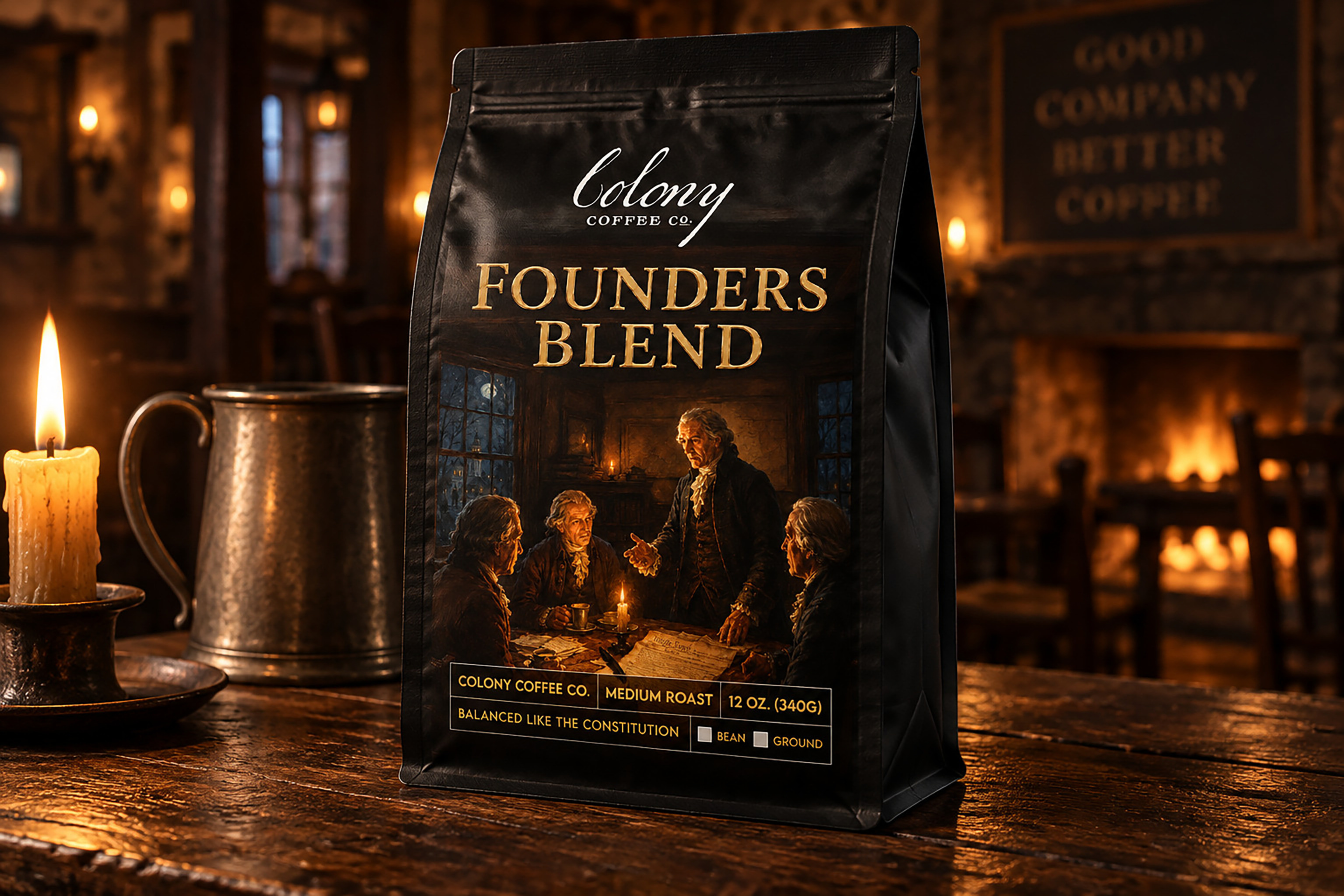 Colony Coffee — the Founders Blend medium roast bag, the founders at a candlelit table