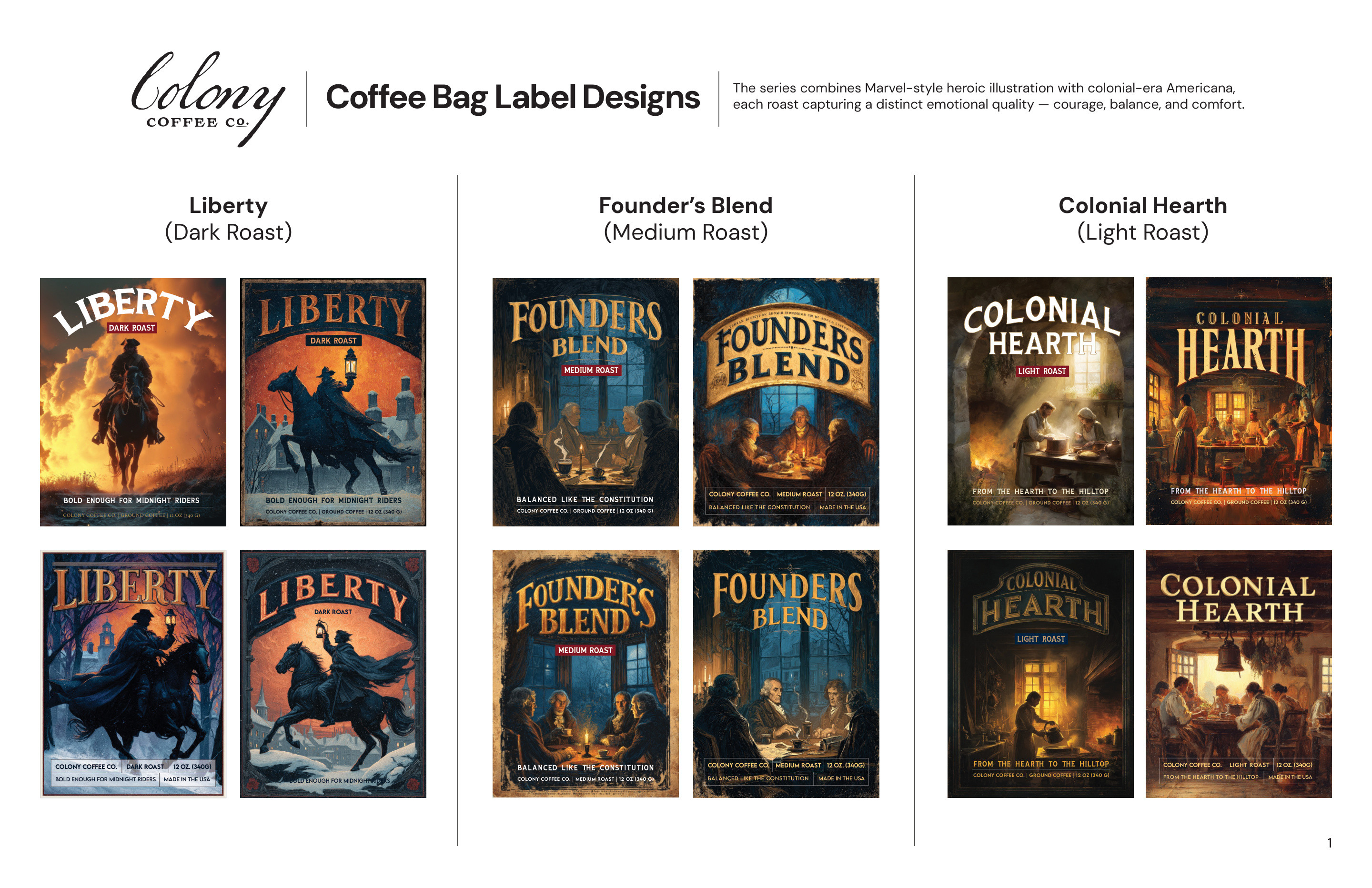 Colony Coffee — the coffee-bag label design system across three roasts