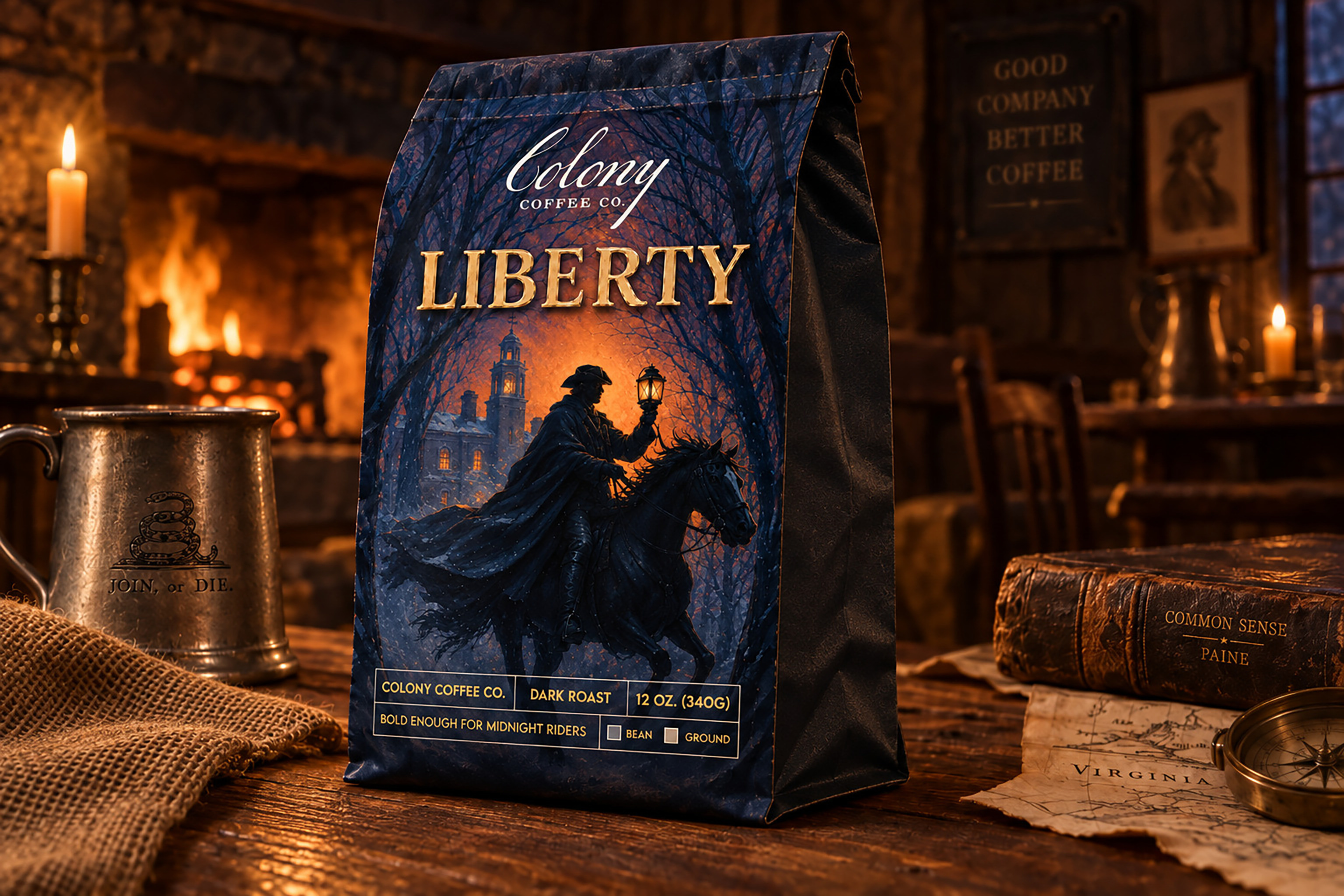 Colony Coffee — the Liberty dark roast bag, a midnight rider with a lantern