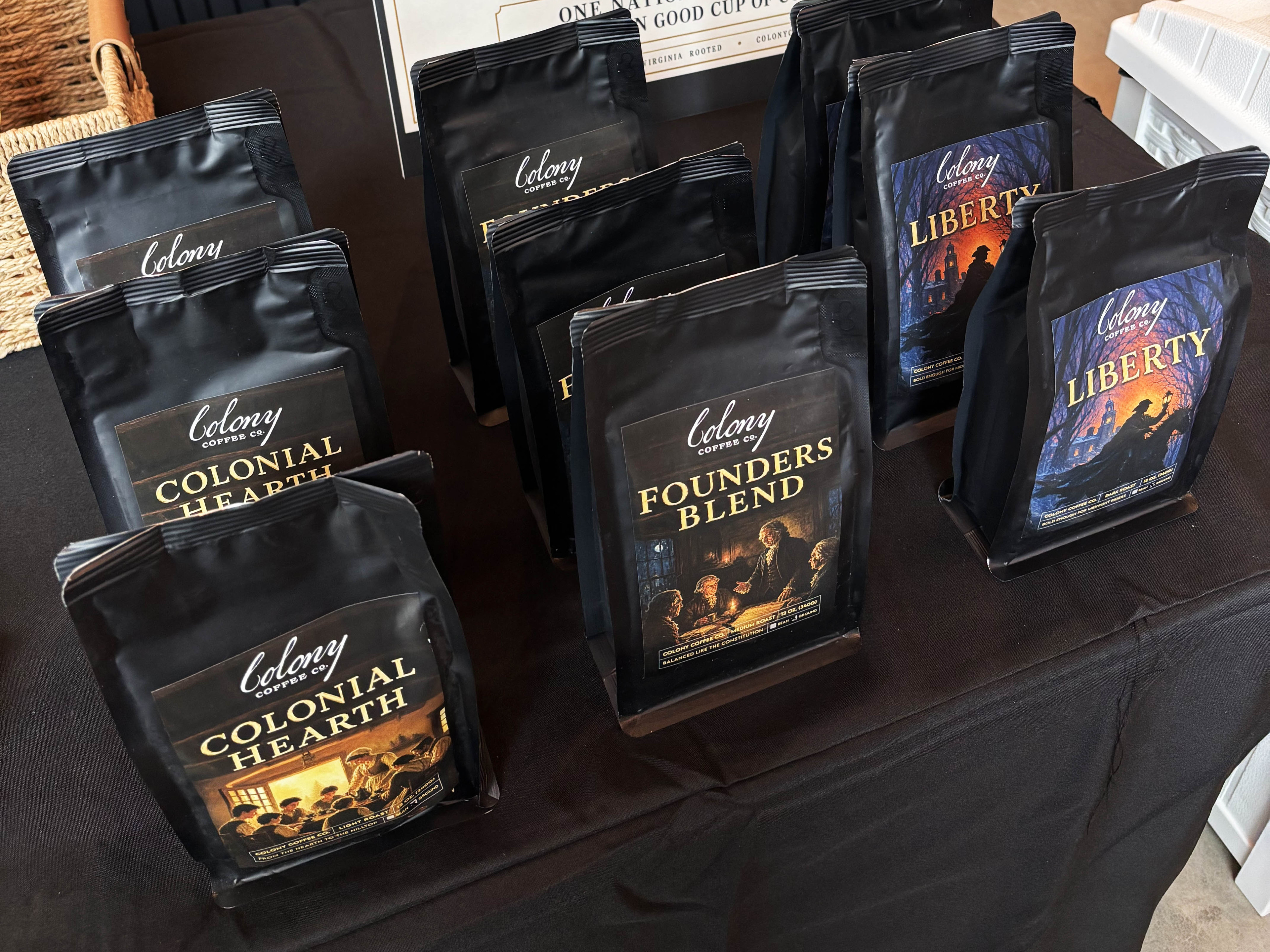 Colony Coffee — the printed bags, all three roasts, on the shelf at the shop