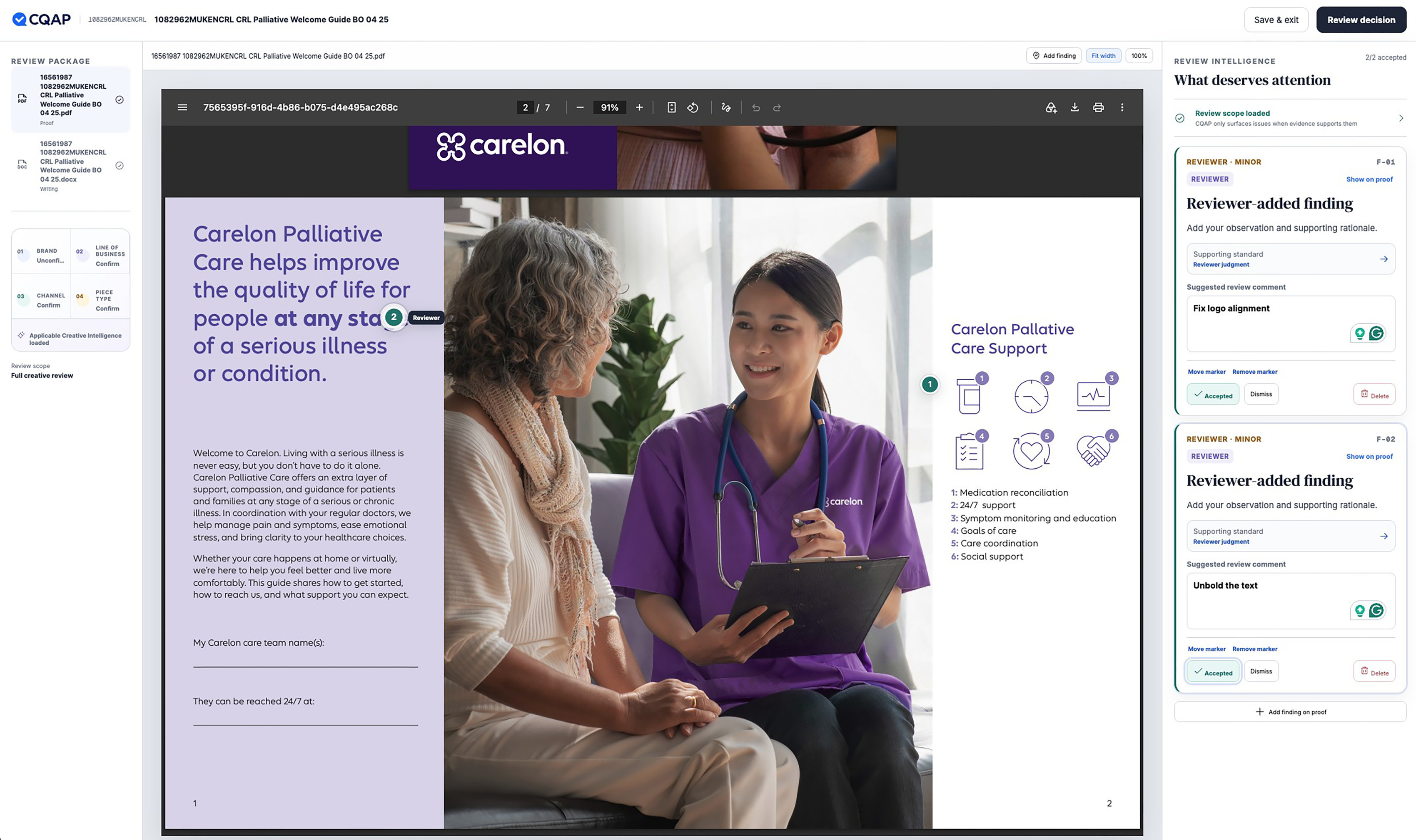 CQAP — the review workspace with two reviewer findings accepted