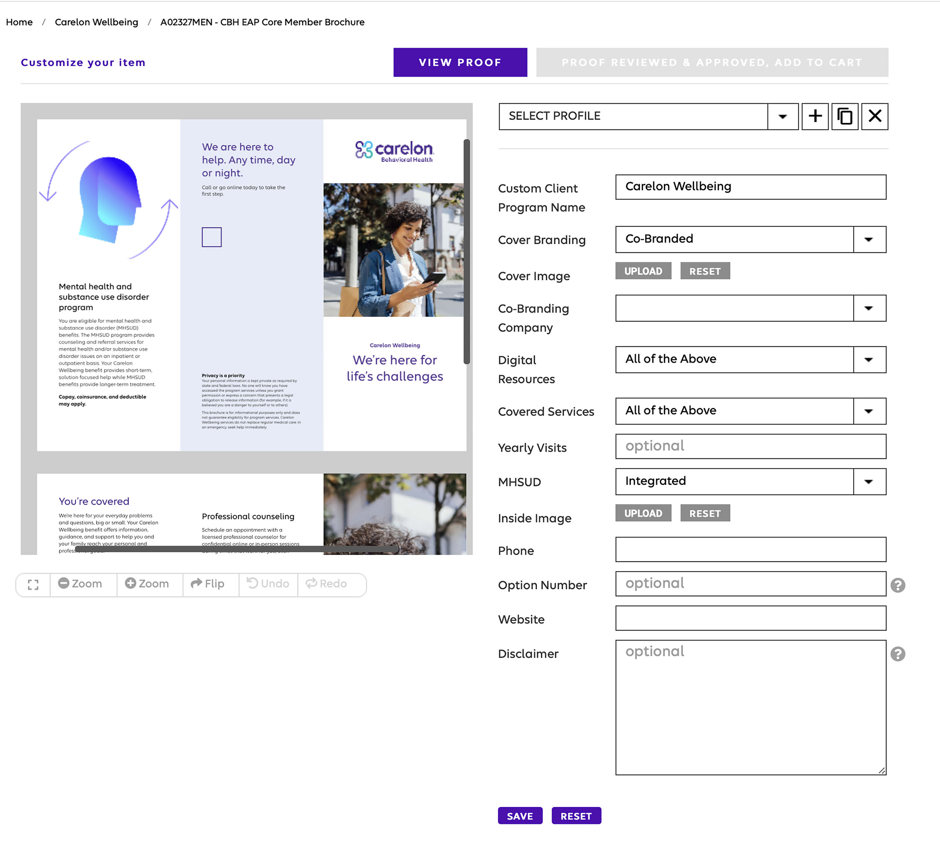Configuring the member-facing core brochure — a multi-page piece with the same field-driven configurator