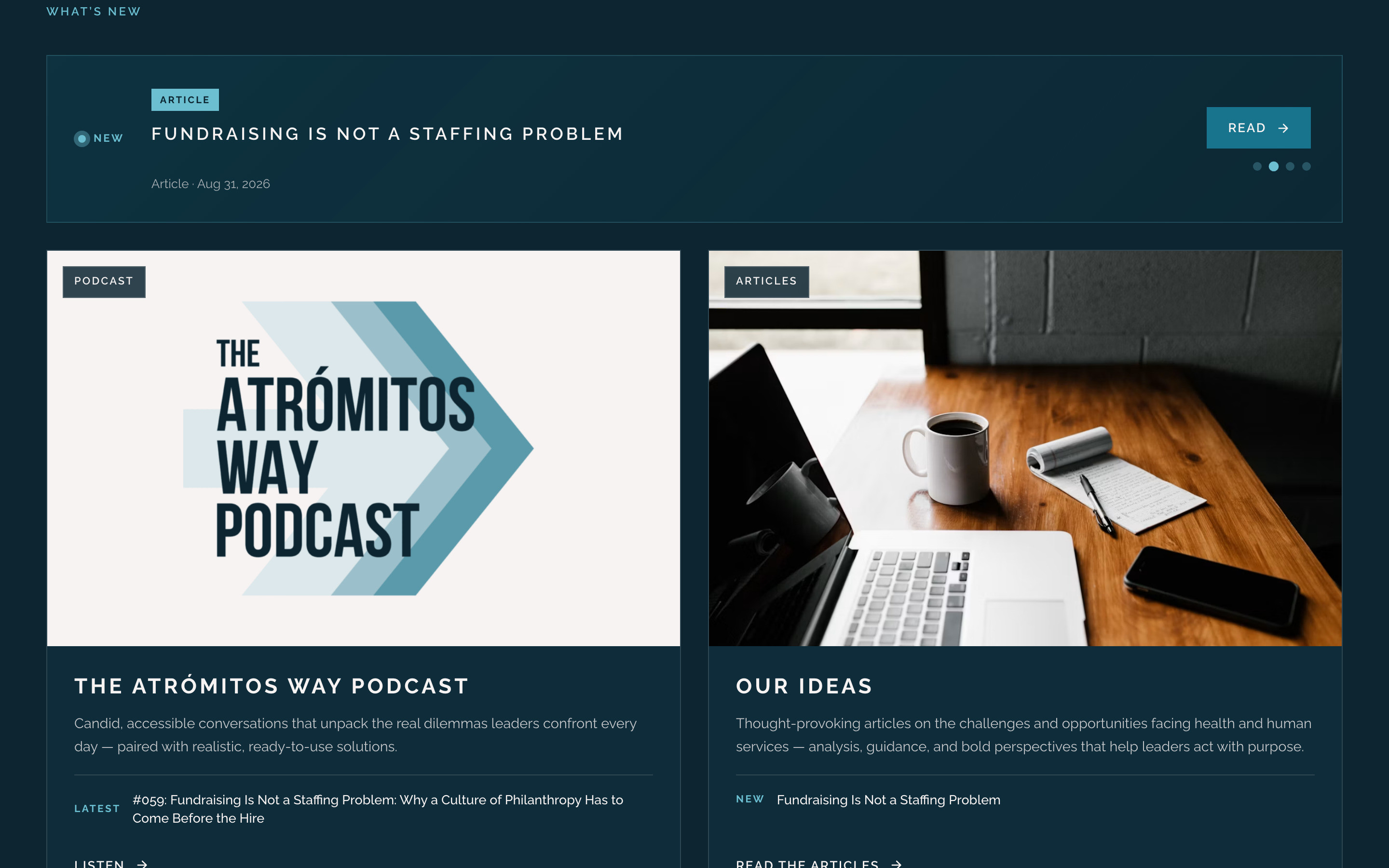 The Atrómitos Knowledge Hub — a What's New feature above cards for the podcast, articles, learning, and policy analysis