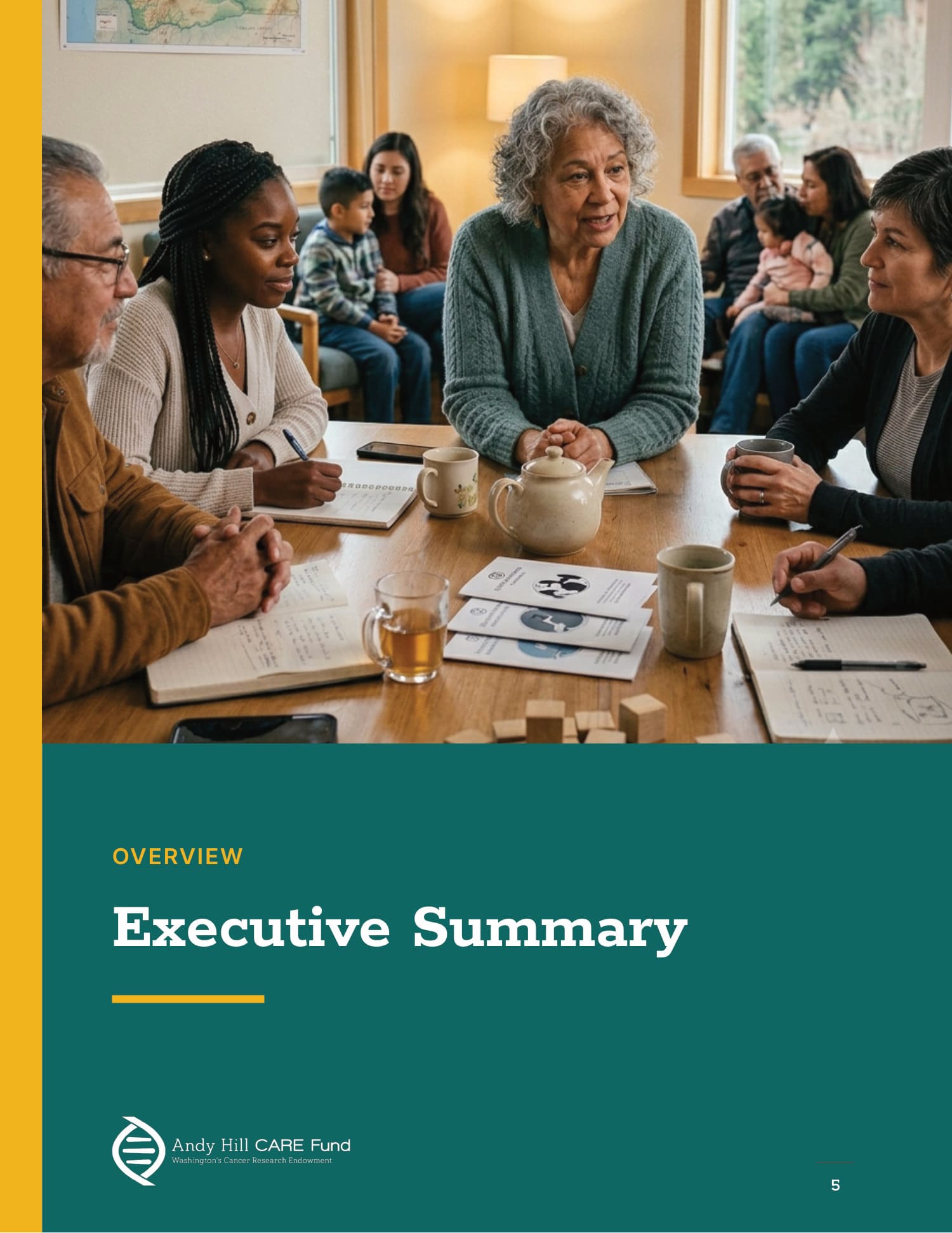 Executive Summary section opener with photography and a colour panel