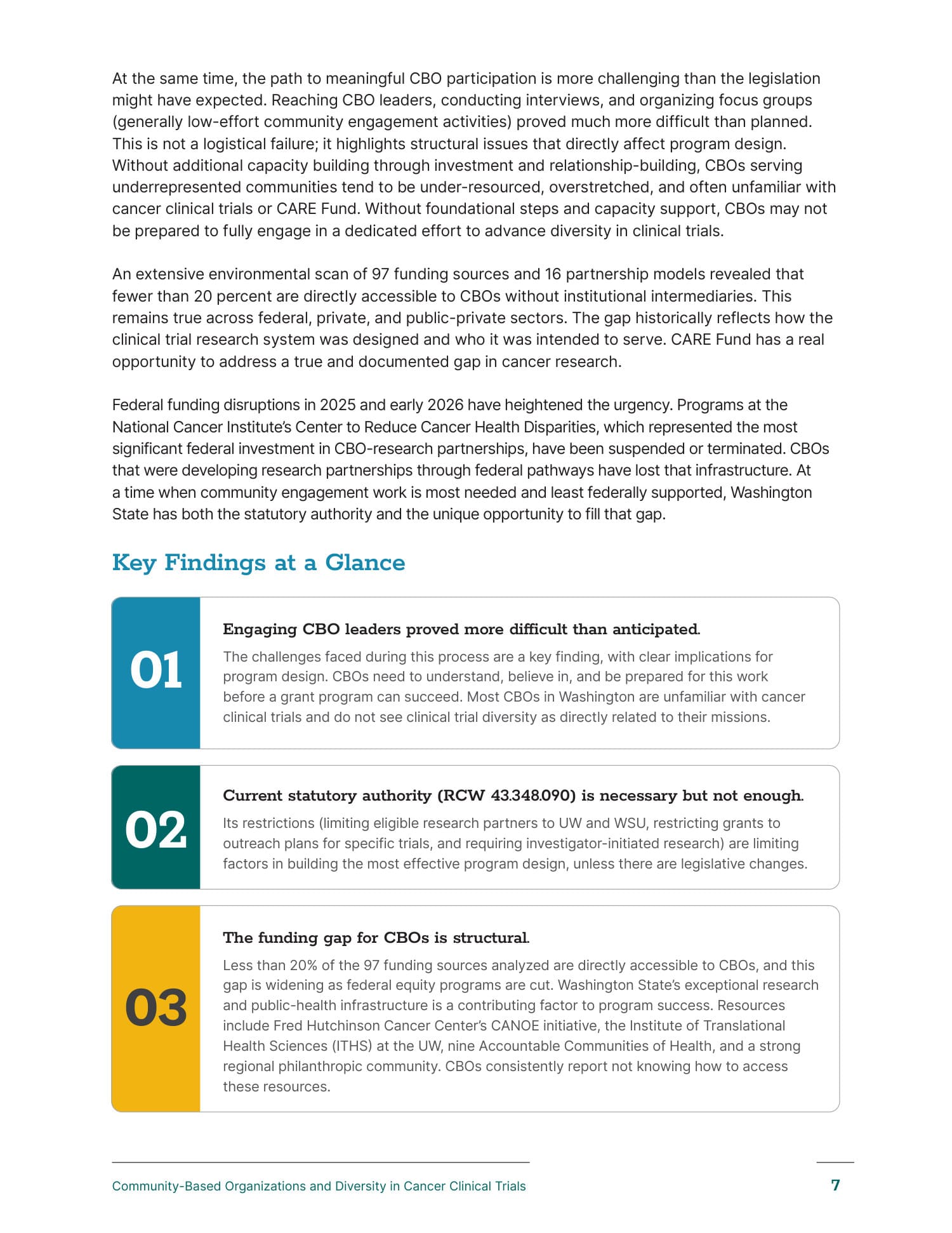 Key Findings at a Glance — numbered findings with supporting detail