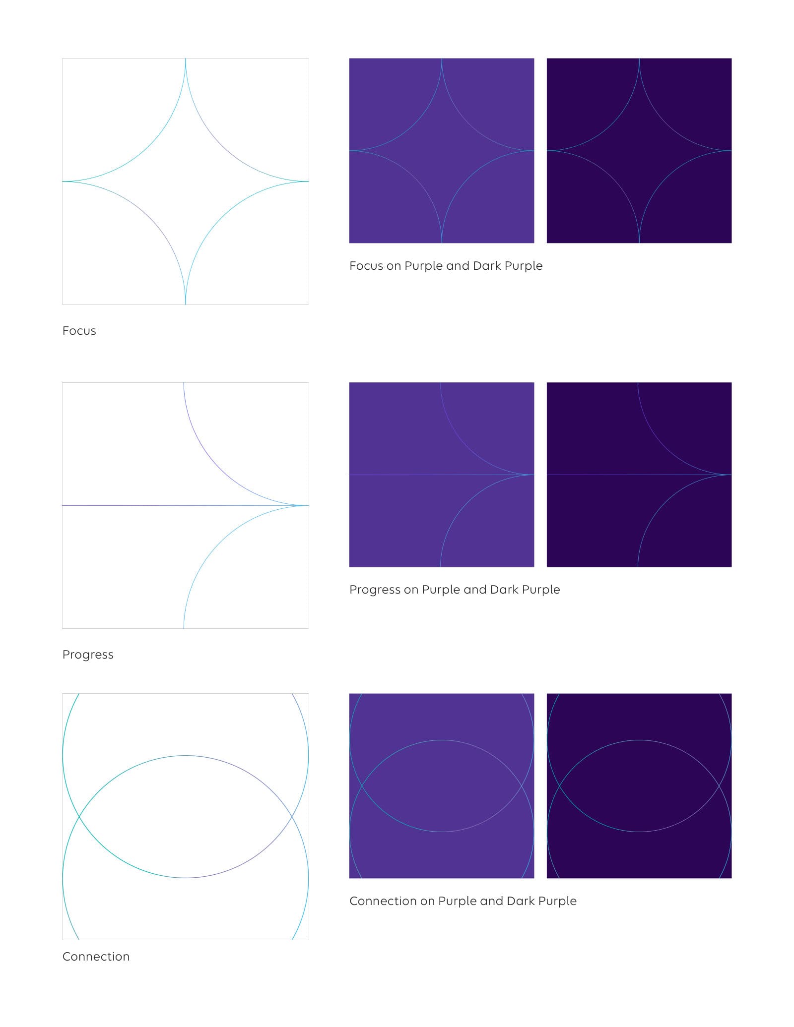The brand's graphic language — focus, progress, and connection built from the mark's geometry