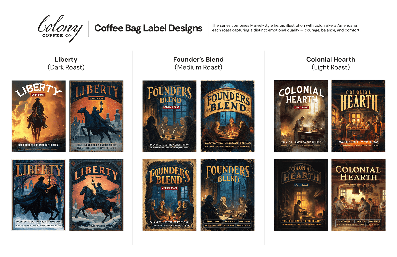 Colony Coffee — the coffee-bag label design system across three roasts
