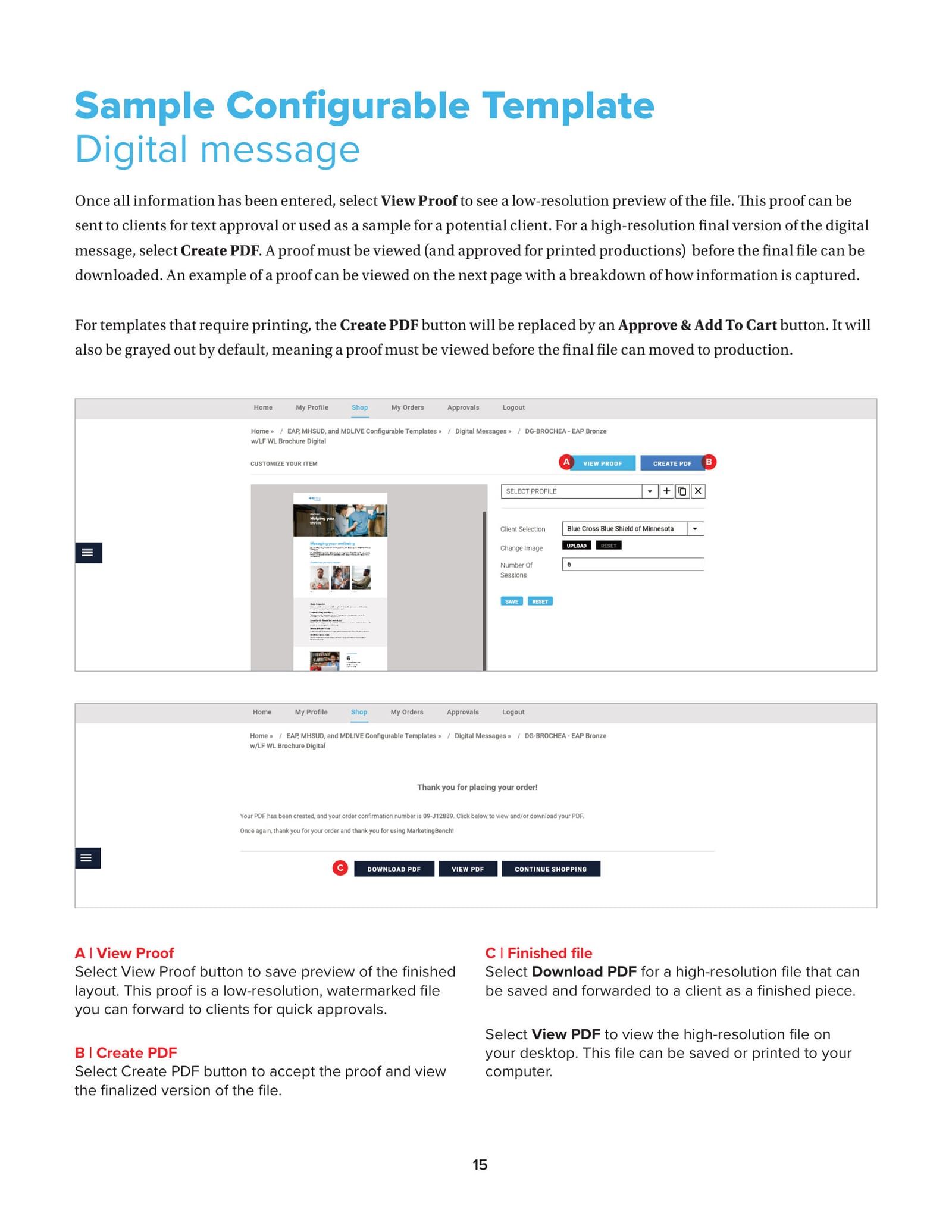 The View Proof and Create PDF step, ending in a downloadable finished file
