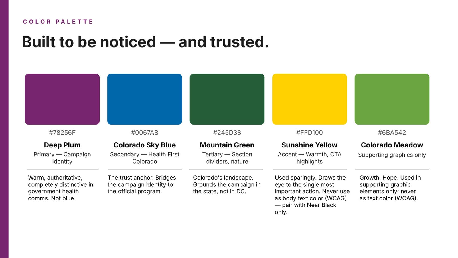 The campaign palette — deep plum, sky blue, mountain green, sunshine yellow, Colorado meadow
