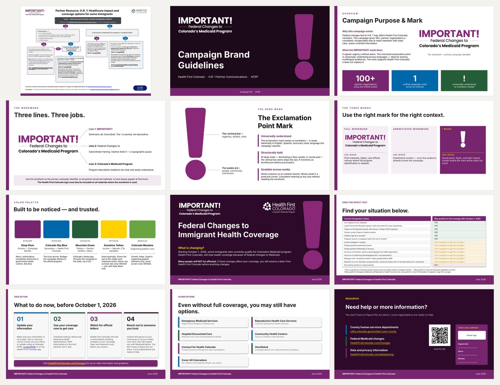 The campaign's documents laid out together — the partner eligibility flowchart, the brand guidelines, and the Phase 2 immigrant-coverage slides