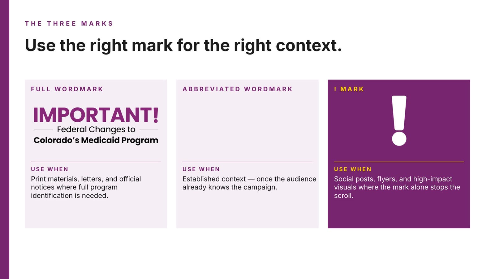 Three mark variants and the rules for when each is used