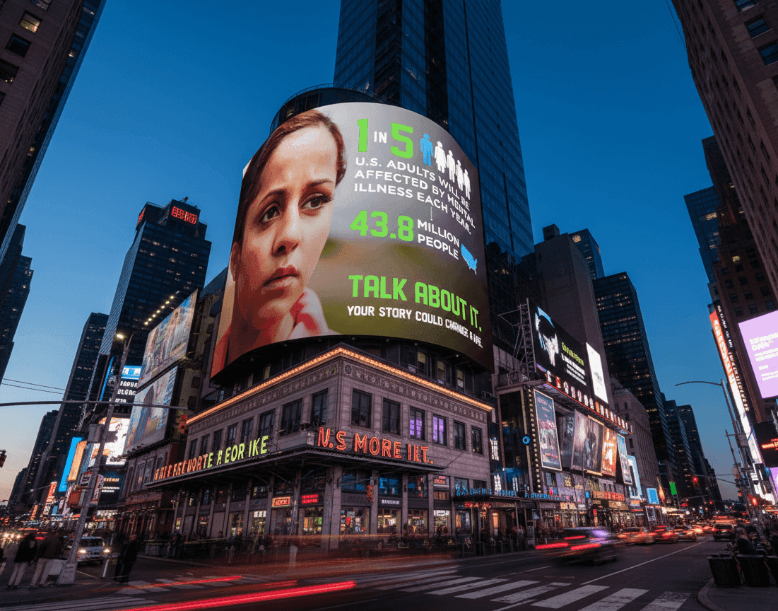 Stamp Out Stigma — the campaign on the Times Square screens at dusk