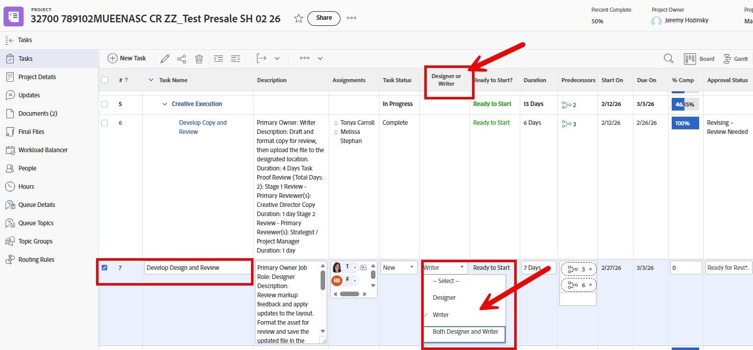 A live Workfront project with the designer, writer, or both assignment field called out
