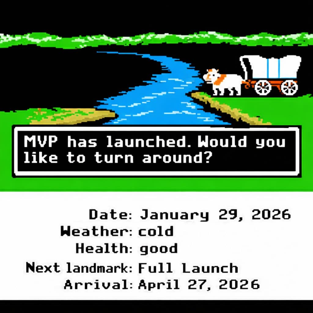 Launch milestone graphic — MVP launched January 2026, full launch April 2026