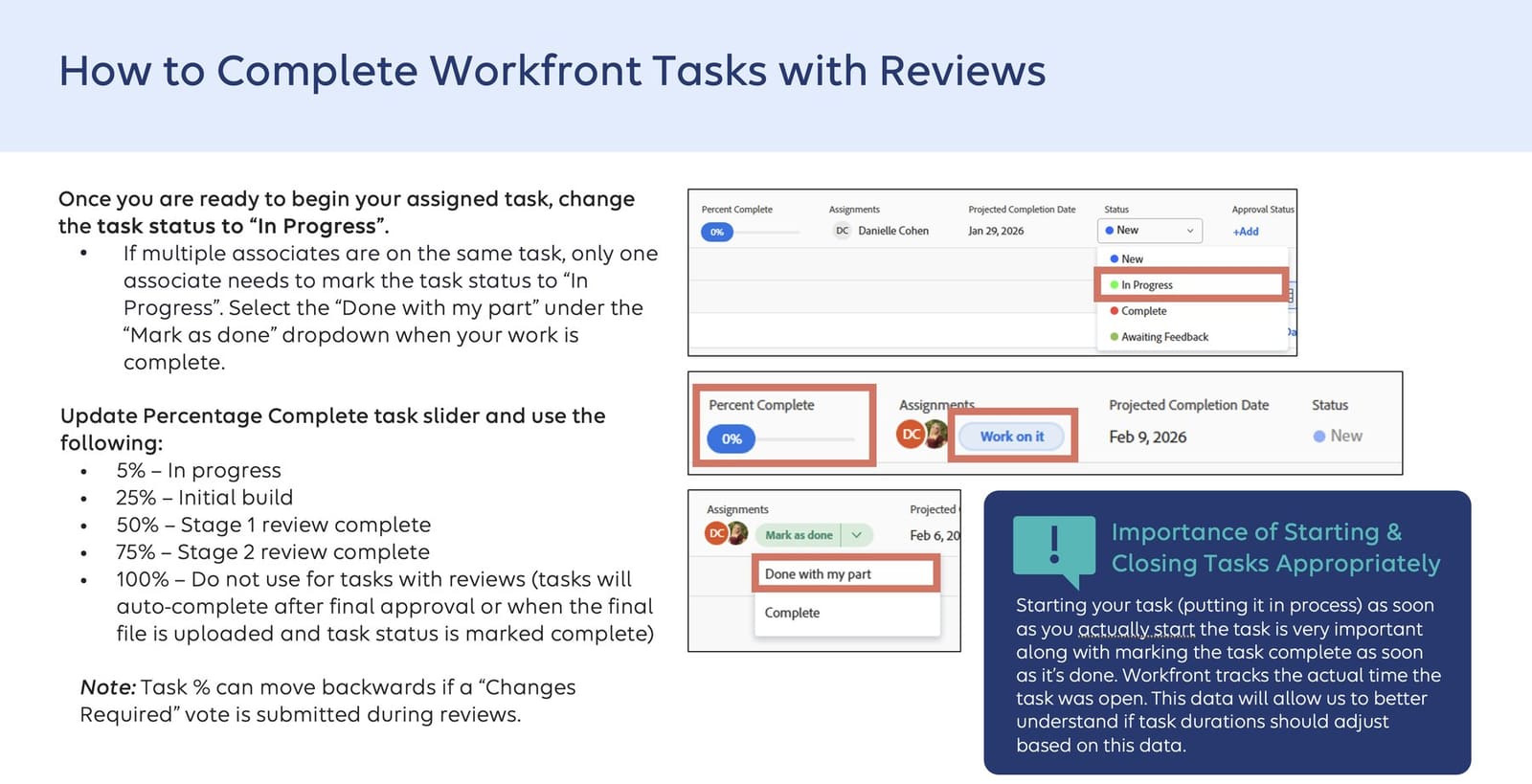 Training page — how to complete Workfront tasks with reviews, including the percent-complete convention tied to review stages